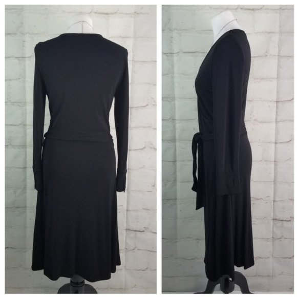 Esprit M Black Long Sleeve Drop Waist Crossover Bust Midi Dress Belted - Picture 6 of 9